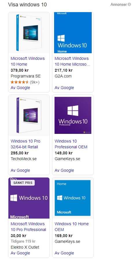 Windows 10 shoppingresultat på google