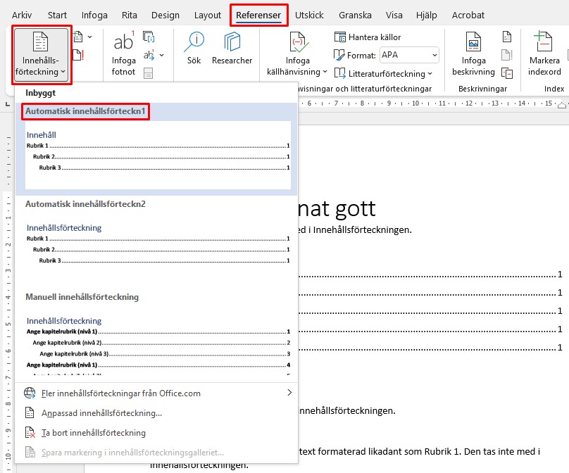 Infoga innehållsförteckning i Microsoft Word